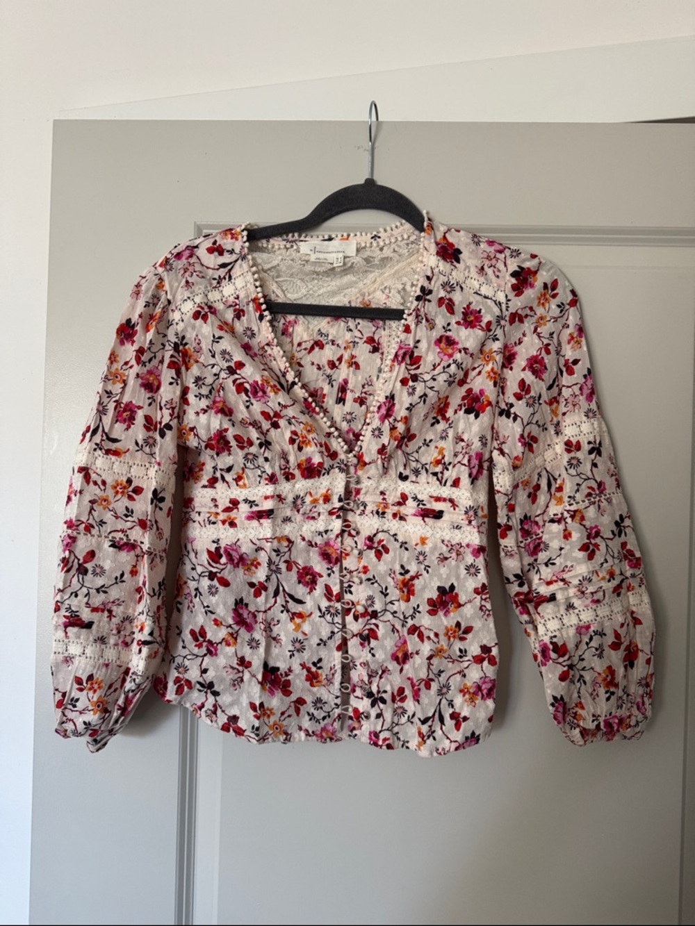 Anthropologie White Floral Lace-Trim Blouse - Pink & Orange Accents